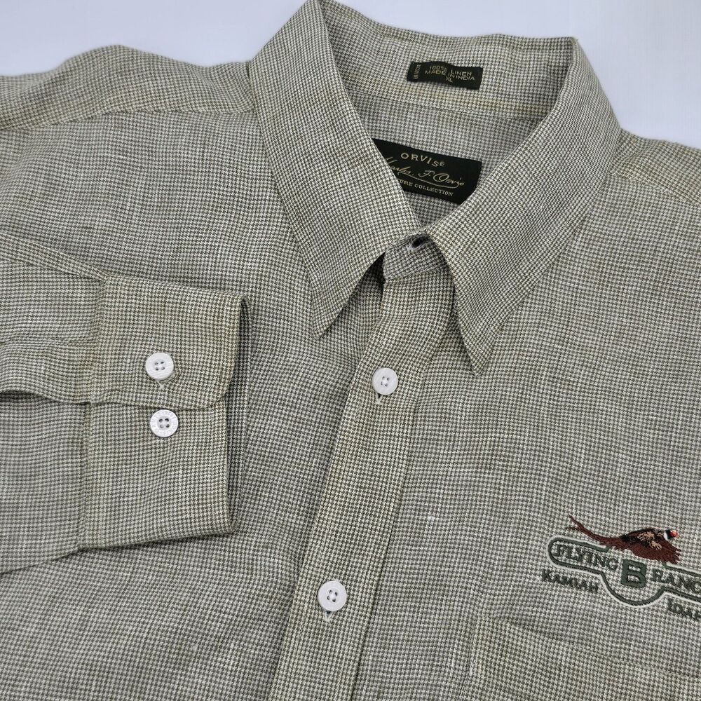 Orvis Signature Collection Linen Green Houndstooth Shirt XL Flying B Ranch